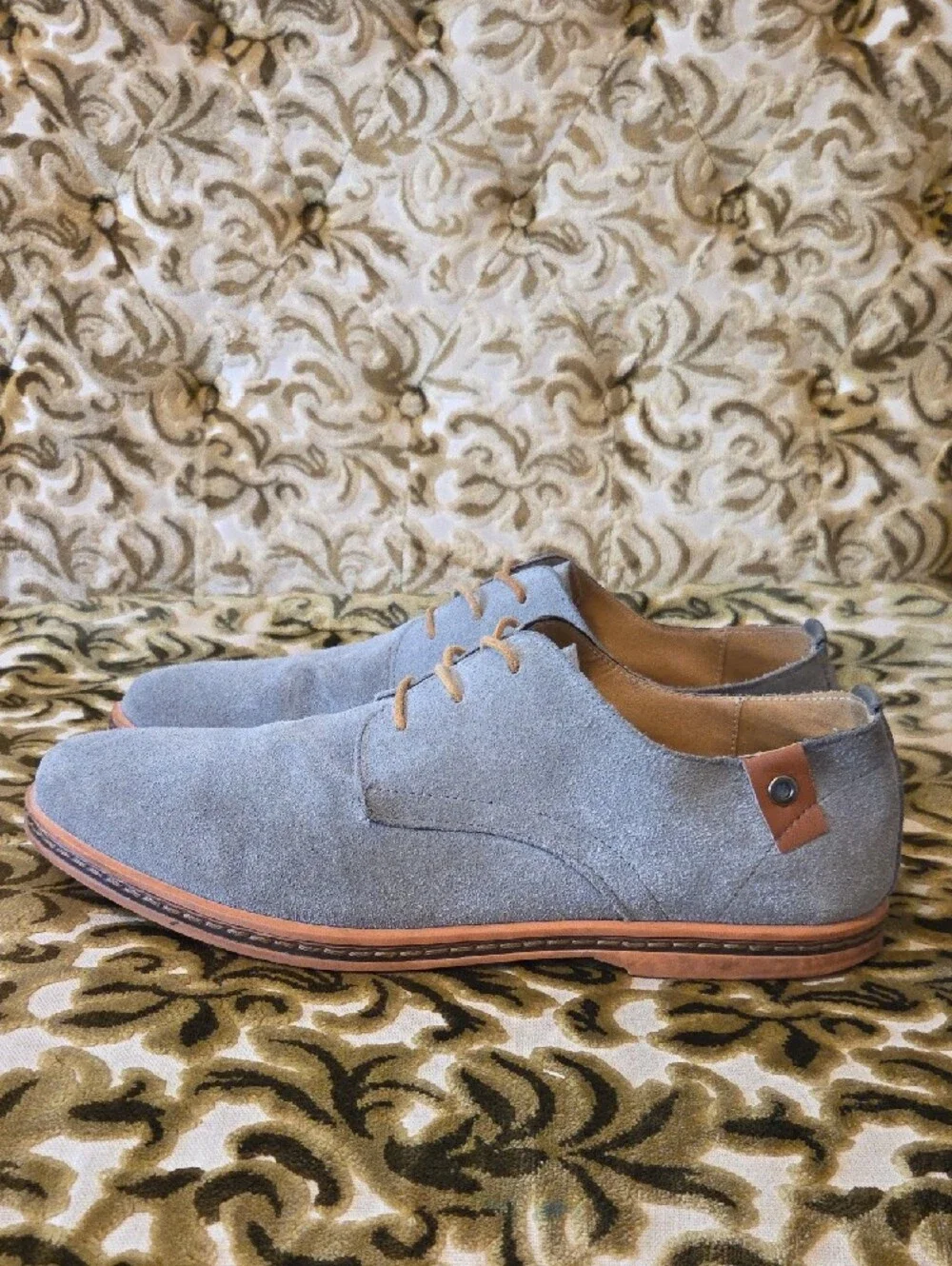 Hand-Stitched Suade Derby Shoes, Light Gray/Blue